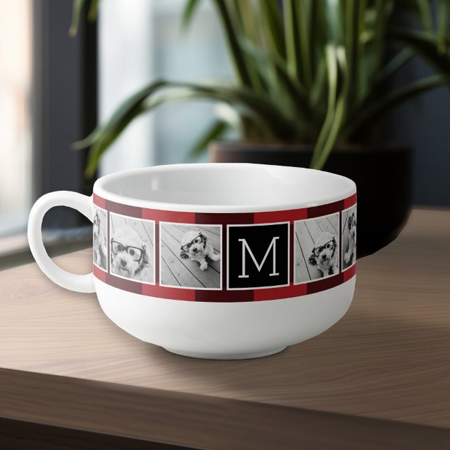 Photo Collage - Monogram Red Black Buffalo Plaid Soup Mug (Personalized Soup Mug - Add Your Photos and Text for a Great Gift)