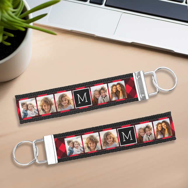 Photo Collage - Monogram Red Black Buffalo Plaid Wrist Keychain (Personalized wrist keychain with 5 photos and a monogram)
