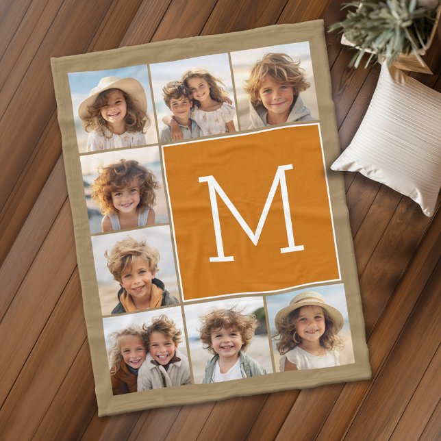 Photo Collage Monogram Rustic Kraft and Orange Fleece Blanket (Personalized fleece blanket with 8 photos and a monogram)