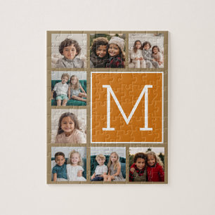 Photo Collage Monogram - Rustic Kraft and Orange Jigsaw Puzzle