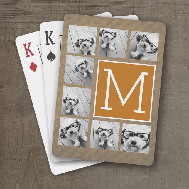 Photo Collage Monogram - Rustic Kraft and Orange Poker Cards (Personalized Playing Cards)