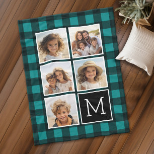 Photo Collage - Monogram Teal Black Buffalo Plaid Fleece Blanket