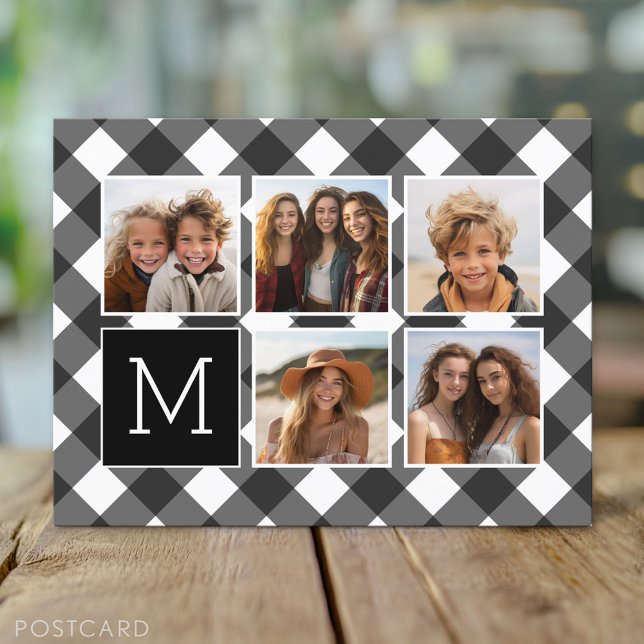 Photo Collage - Monogram White Black Buffalo Plaid Postcard (Custom Photo Postcard)