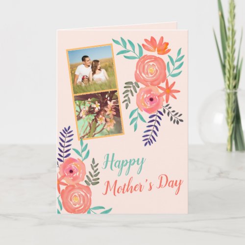 Photo Collage Mothers Day  Floral Watercolor   Card
