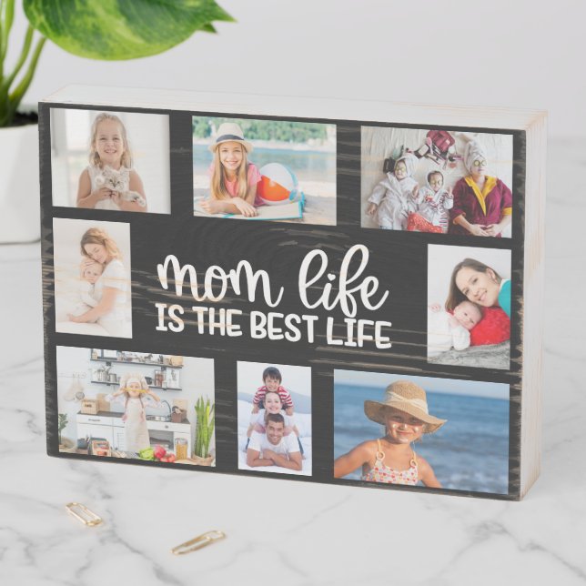 Photo collage Mothers day personalized gift black Wooden Box Sign (In Situ Horizontal)