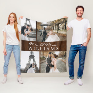 Photo Collage Mr & Mrs Newlywed Monogram Dark Wood Fleece Blanket