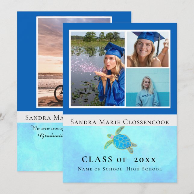 Photo Collage Nautical  Blue Starfish graduate Ann Announcement (Front/Back)