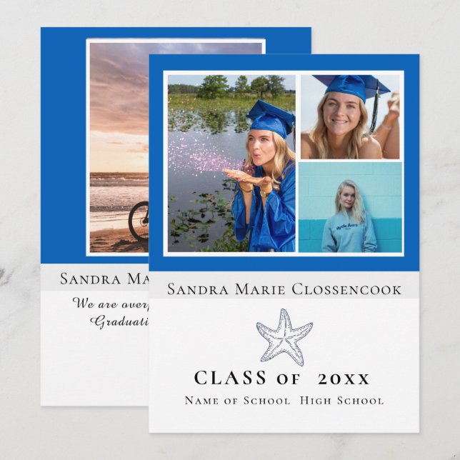 Photo Collage Nautical  Blue Starfish graduate Announcement (Front/Back)