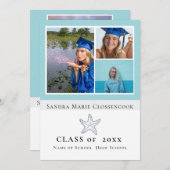 Photo Collage Nautical Teal Blue Starfish graduate Announcement (Front/Back)