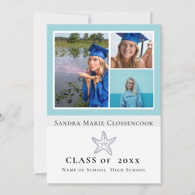 Photo Collage Nautical Teal Blue Starfish graduate Announcement (Front)