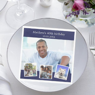 Photo collage navy blue birthday party napkins