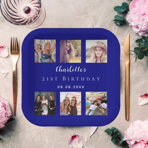 Photo collage navy blue birthday party paper plates