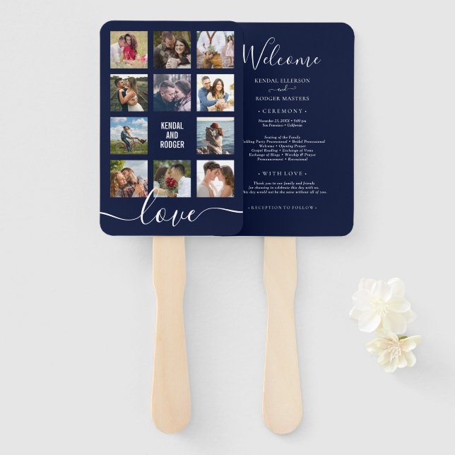 Photo Collage Navy Blue Wedding Program Hand Fan (Front and Back)