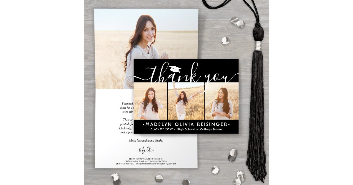 Photo Collage New Address Black & White Graduation Thank You Card | Zazzle
