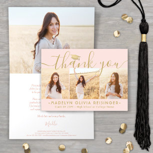 Photo Collage New Address Blush & Gold Graduation Letterpress Thank You Card