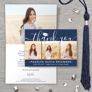 Photo Collage New Address Navy Blue Graduation Letterpress Thank You Card