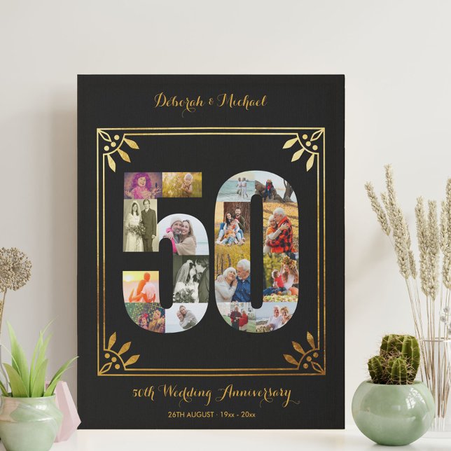 Photo Collage No 50 Black Gold Wedding Anniversary Faux Canvas Print (Creator Uploaded)
