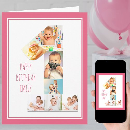 Photo Collage Number 1 Girls First Birthday Card