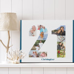 Photo Collage Number 21 Custom 21st Birthday Faux Canvas Print<br><div class="desc">Create your own personalized photo gift for a 21st Birthday. This neat photo collage is in the shape of the number 21 on a white background with ocean blue borders. The collage can hold 10 photos and the template is set up ready for you to add your favorite photos working...</div>