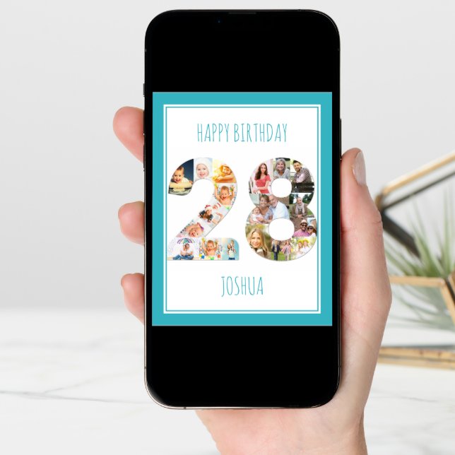 Photo Collage Number 28 Blue 28th Birthday Card (Front Digital)