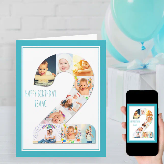 Photo Collage Number 2 Boy's 2nd Birthday Card | Zazzle