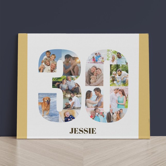 Photo Collage Number 30 Neutral 30th Birthday Faux Canvas Print (Creator Uploaded)