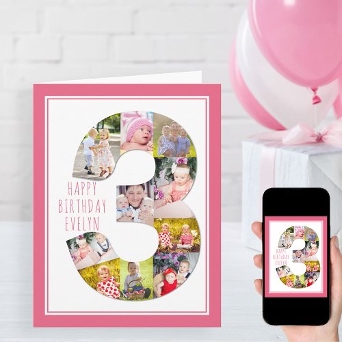 Photo Collage Number 3 Girls 3rd Birthday Card