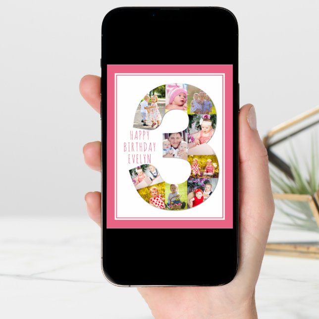 Photo Collage Number 3 Girl's 3rd Birthday Card (Front Digital)