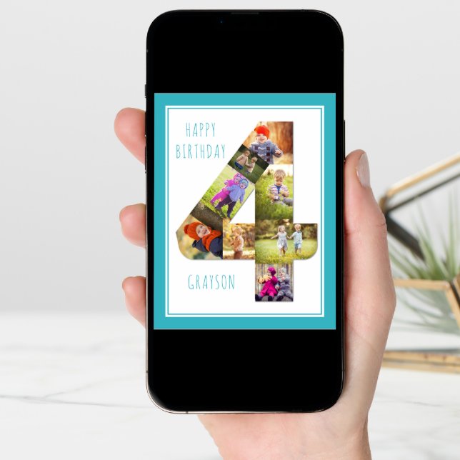 Photo Collage Number 4 Boy's 4th Birthday Card (Front Digital)