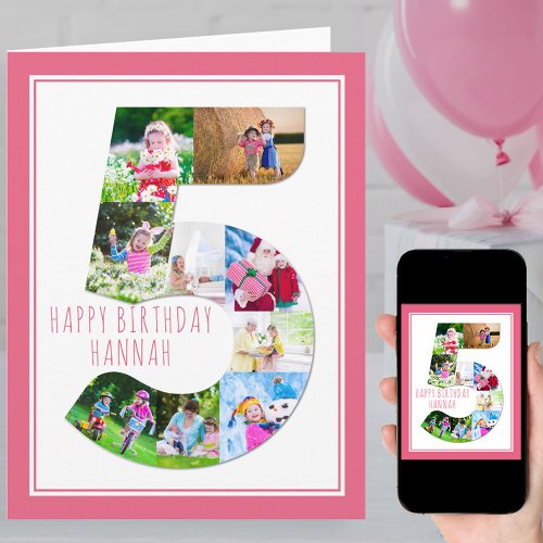 Photo Collage Number 5 Girls 5th Birthday Card