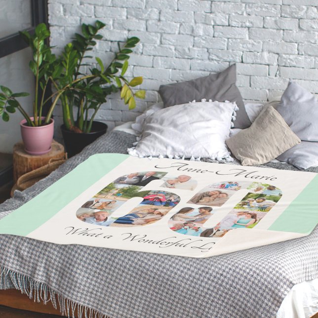 Photo Collage Number 60 Shape Mint 60th Birthday Sherpa Blanket (Creator Uploaded)