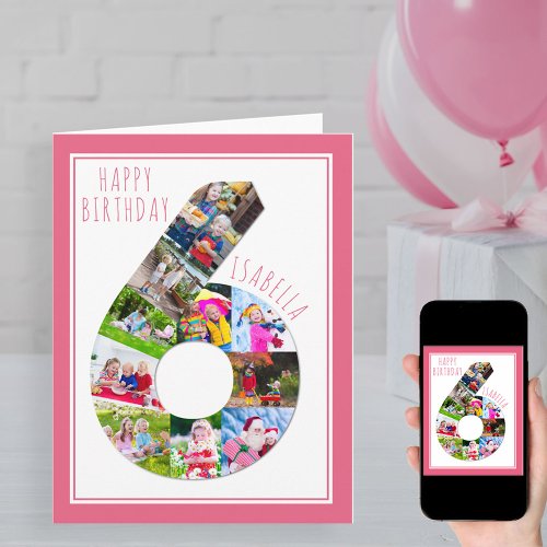 Photo Collage Number 6 Girls 6th Birthday Card