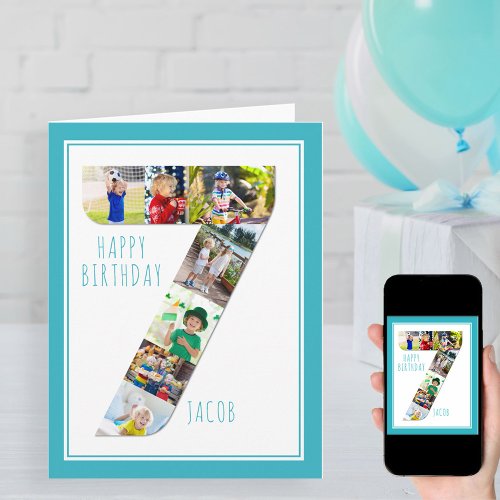 Photo Collage Number 7 Boys 7th Birthday Card
