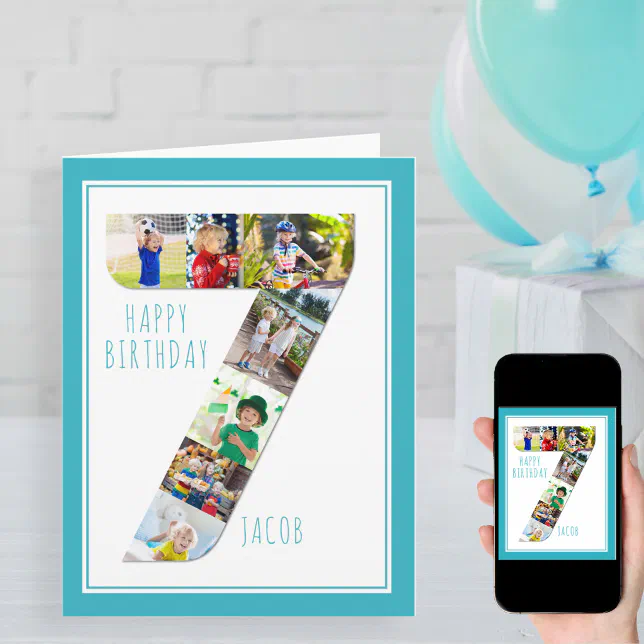 Photo Collage Number 7 Boy's 7th Birthday Card | Zazzle