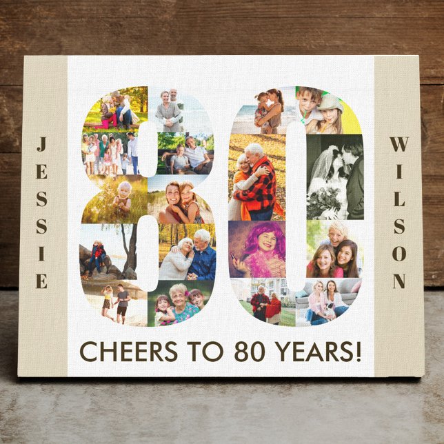 Photo Collage Number 80 Neutral 80th Birthday Canvas Print (Creator Uploaded)