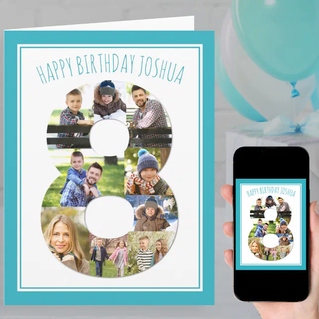 Photo Collage Number 8 Blue 8th Birthday Card | Zazzle