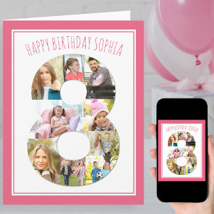 Photo Collage Number 8 Pink 8th Birthday Card