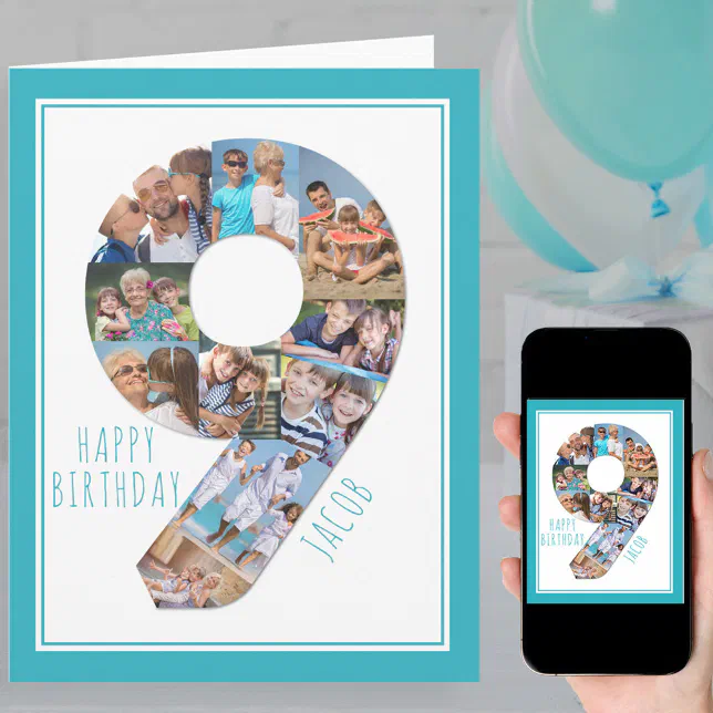 Photo Collage Number 9 Boy's 9th Birthday Card | Zazzle
