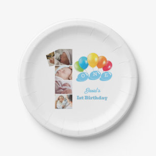 Photo Collage Number One Boy's Name 1st Birthday Paper Plates