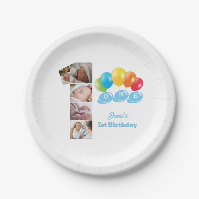 Photo Collage Number One Boy's Name 1st Birthday  Paper Plates (Front)