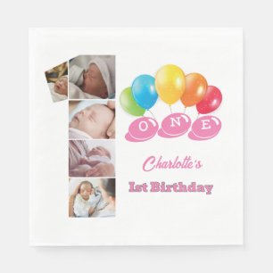 Photo Collage Number One Girl's Name 1st Birthday Napkins