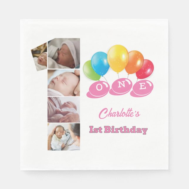 Photo Collage Number One Girl's Name 1st Birthday Napkins (Front)