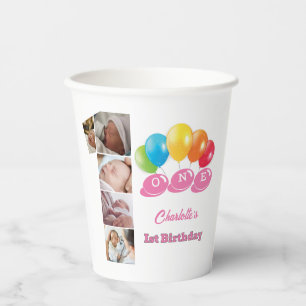 Photo Collage Number One Girl's Name 1st Birthday Paper Cups