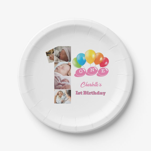 Photo Collage Number One Girl's Name 1st Birthday Paper Plates (Front)