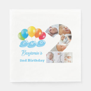 Photo Collage Number Two Boy's Name 2nd Birthday Napkins