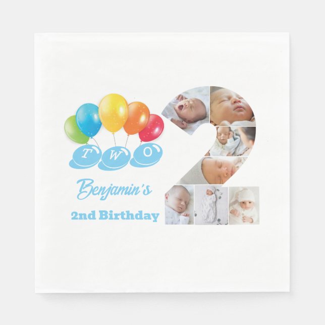 Photo Collage Number Two Boy's Name 2nd Birthday  Napkins (Front)