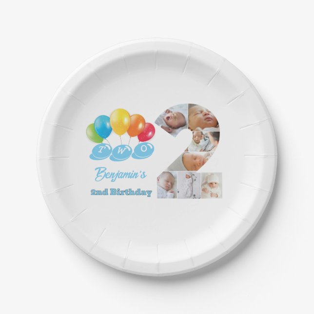 Photo Collage Number Two Boy's Name 2nd Birthday  Paper Plates (Front)