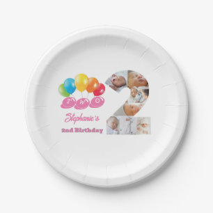 Photo Collage Number Two Girl's Name 2nd Birthday Paper Plates