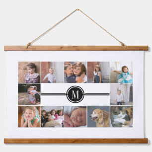 Photo collage of 12 photos and monogram hanging tapestry