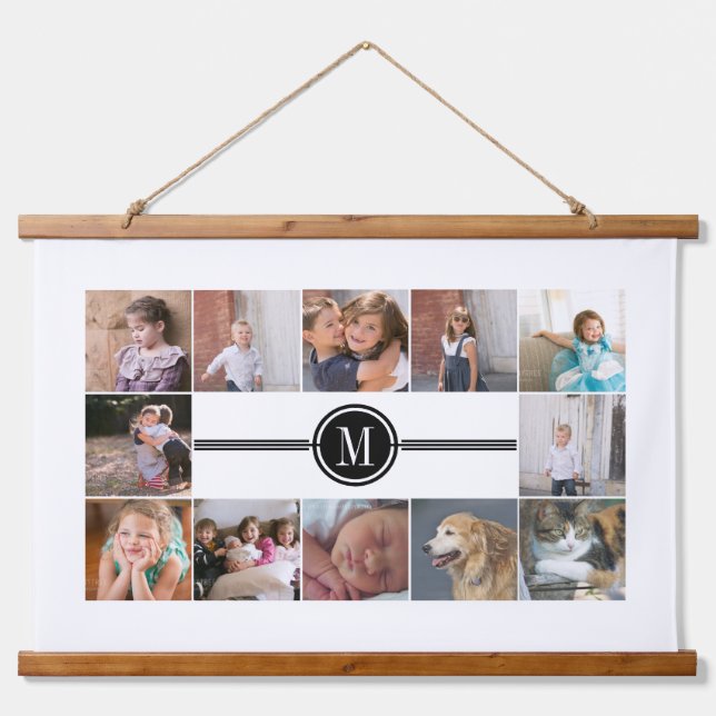 Photo collage of 12 photos and monogram hanging tapestry (Front)